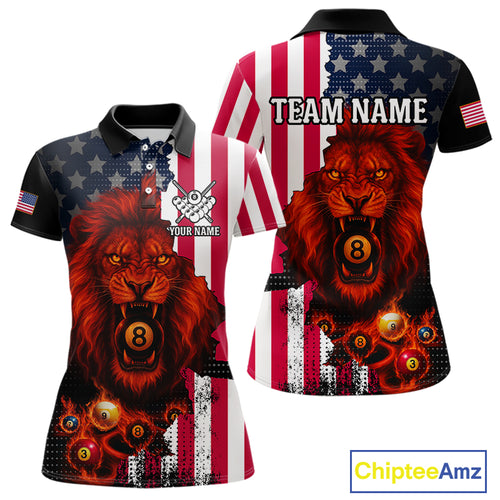 American Flag Lion 8 Ball Billiard Shirt For Women Custom Patriotic Pool Team Shirt Polo & 1/4 Zip TDM5341