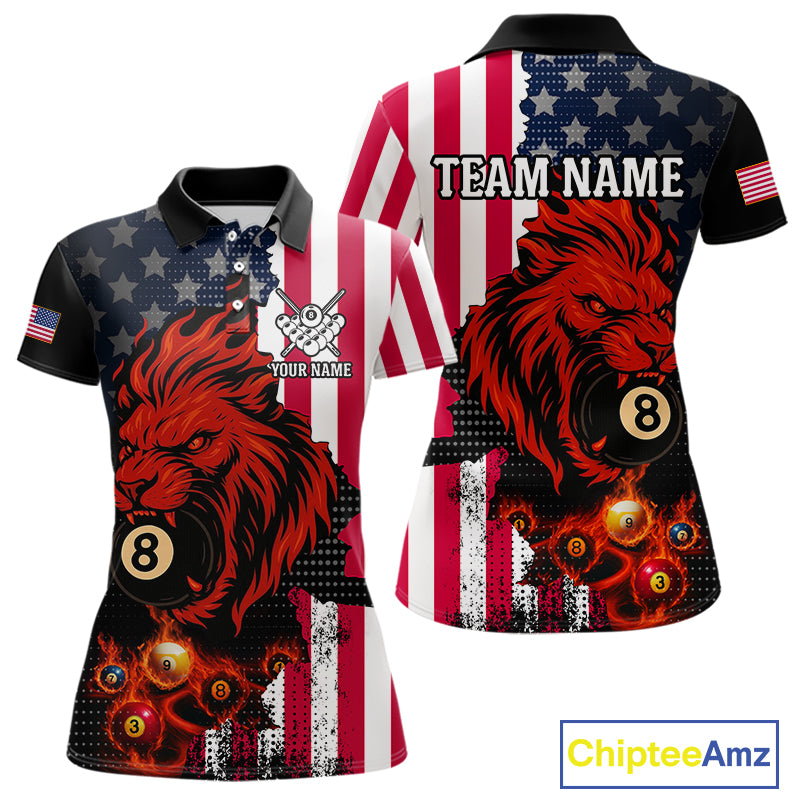 Personalized Lion American Flag Billiard Shirt For Women, 8 Ball Pool Team Jersey Polo & 1/4 Zip TDM5342