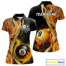 Load image into Gallery viewer, Orange 8 Ball &amp; 9 Ball Fire Flame Billiard Shirt For Women Custom Pool Team Shirts, Billiard Jersey TDM5349