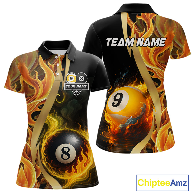 Orange 8 Ball & 9 Ball Fire Flame Billiard Shirt For Women Custom Pool Team Shirts, Billiard Jersey TDM5349