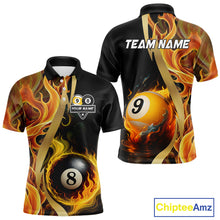 Load image into Gallery viewer, Orange 8 Ball &amp; 9 Ball Fire Flame Billiard Shirt For Men Custom Pool Team Shirts, Billiard Jersey TDM5349