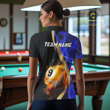 Load image into Gallery viewer, Blue 8 Ball &amp; 9 Ball Fire Flame Billiard Shirt For Women Custom Pool Team Shirts, Billiard Jersey TDM5350