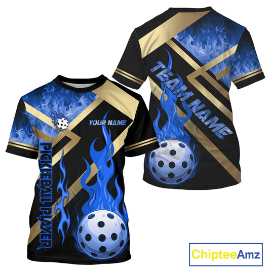 Blue Flames Pickleball Ball T-Shirt For Men Custom Pickleball Jersey Personalized Team Apparel