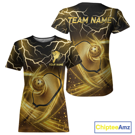 Gold Lightning Pickleball Ball And Paddle Shirt For Women Custom Team Outfit