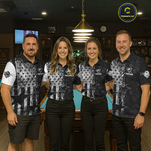 Load image into Gallery viewer, Men women billiard team wearing matching American flag grunge jerseys during league tournaments, personalized uniforms representing patriotism, teamwork, unity, honor and championship performance.