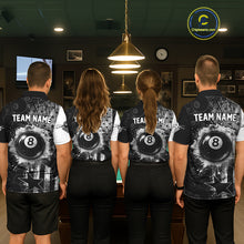 Load image into Gallery viewer, Men women billiard team wearing matching American flag grunge jerseys during league tournaments, personalized uniforms representing patriotism, teamwork, unity, honor and championship performance.