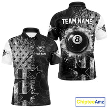 Load image into Gallery viewer, Men's patriotic billiard polo featuring distressed American flag and glowing 8 ball graphics, personalized performance apparel for veterans, military supporters, APA leagues and patriotic pool players, symbolizing freedom, honor and strength.