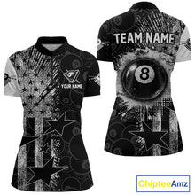 Load image into Gallery viewer, Women's quarter-zip billiard jersey featuring grunge American flag and realistic 8 ball artwork, premium tournament apparel for Independence Day competitions, league championships and patriotic sports teams, representing unity, courage and American pride.