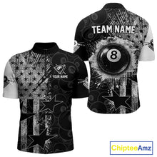Load image into Gallery viewer, Men's quarter-zip billiard jersey featuring grunge American flag with realistic 8 ball artwork, premium tournament apparel for league championships, Independence Day competitions and patriotic teams, representing leadership, unity and American pride