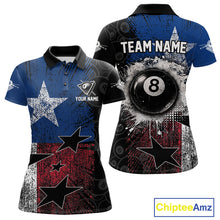 Load image into Gallery viewer, Women's billiard polo featuring distressed Texas flag and realistic 8 ball graphics, personalized performance pool apparel for Texas billiard teams, rodeo lifestyle, outdoor enthusiasts and APA leagues, symbolizing independence, courage and heritage.
