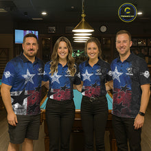 Load image into Gallery viewer, Men women billiard team wearing matching Texas grunge jerseys during APA league championships, custom uniforms representing Texas pride, teamwork, resilience, competitive excellence and championship spirit.