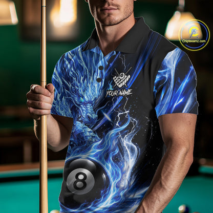 Fire Flame Blue 8 Ball Billiard Dragon Shirts For Men Custom Dragon Team Billiard Jerseys NYN3950