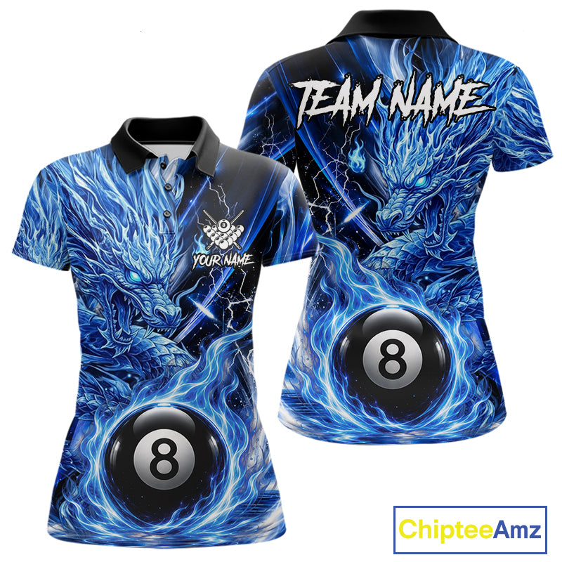 Fire Flame Blue 8 Ball Billiard Dragon Shirts For Women Custom Dragon Team Billiard Jerseys NYN3950