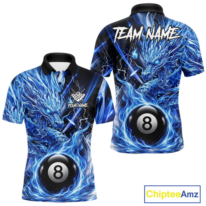 Fire Flame Blue 8 Ball Billiard Dragon Shirts For Men Custom Dragon Team Billiard Jerseys NYN3950