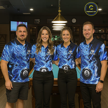 Fire Flame Blue 8 Ball Billiard Dragon Shirts For Women Custom Dragon Team Billiard Jerseys NYN3950