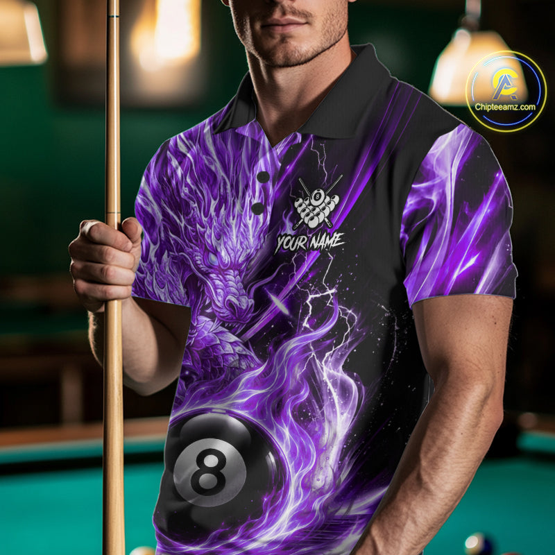 Fire Flame Purple 8 Ball Billiard Dragon Shirts For Men Custom Dragon Team Billiard Jerseys NYN3951