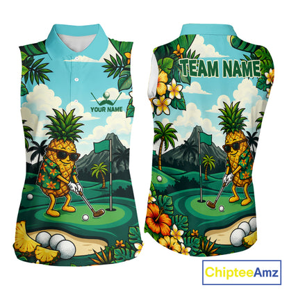 Funny Pineapple Golfer Womens Monstera Tropical Sleeveless Polo Shirts Custom Golf Team Outfits Golf Gifts NYN3960