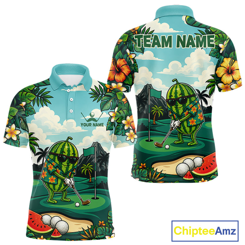 Funny Watermelon Golfer Mens Monstera Tropical Polo Shirts Custom Golf Team Outfits Golf Gifts NYN3961