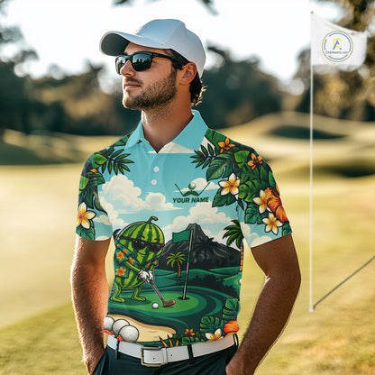 Funny Watermelon Golfer Mens Monstera Tropical Polo Shirts Custom Golf Team Outfits Golf Gifts NYN3961