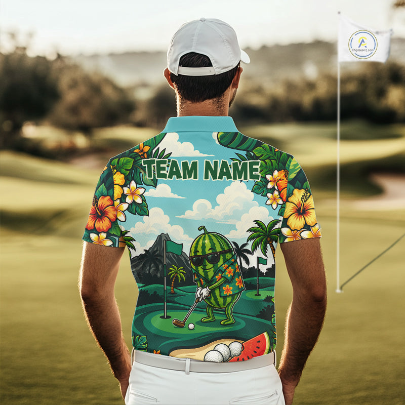 Funny Watermelon Golfer Mens Monstera Tropical Polo Shirts Custom Golf Team Outfits Golf Gifts NYN3961