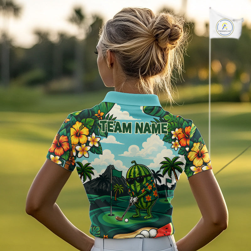 Funny Watermelon Golfer Womens Monstera Tropical Polo Shirts Custom Golf Team Outfits Golf Gifts NYN3961