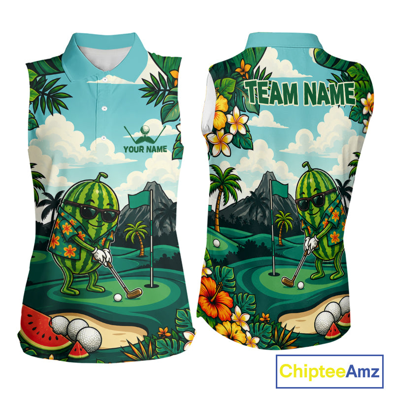 Funny Watermelon Golfer Womens Monstera Tropical Sleeveless Polo Shirts Custom Golf Team Outfits Golf Gifts NYN3961