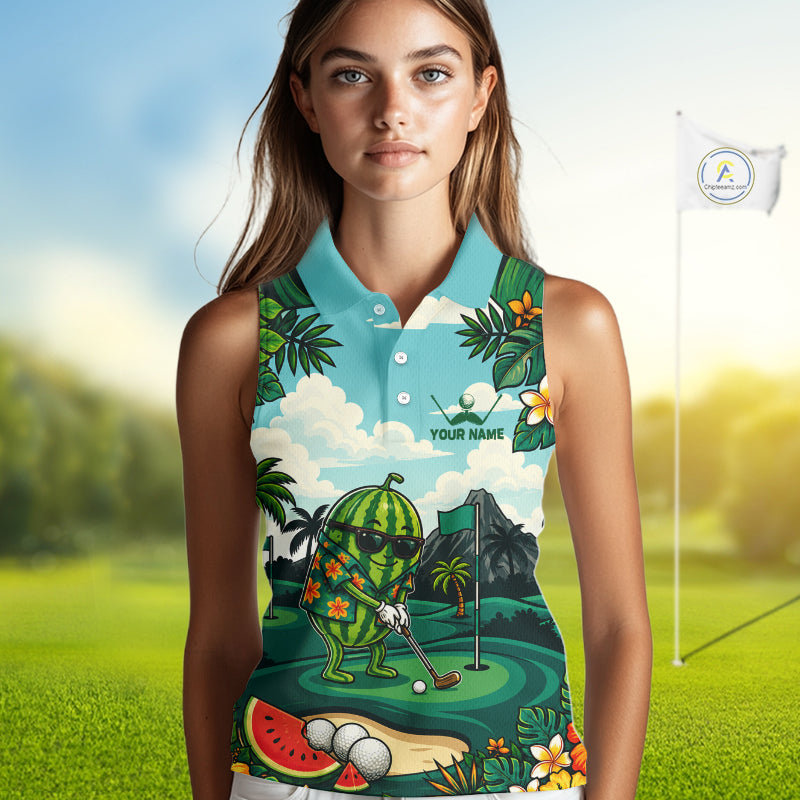 Funny Watermelon Golfer Womens Monstera Tropical Sleeveless Polo Shirts Custom Golf Team Outfits Golf Gifts NYN3961
