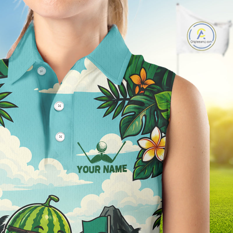 Funny Watermelon Golfer Womens Monstera Tropical Sleeveless Polo Shirts Custom Golf Team Outfits Golf Gifts NYN3961