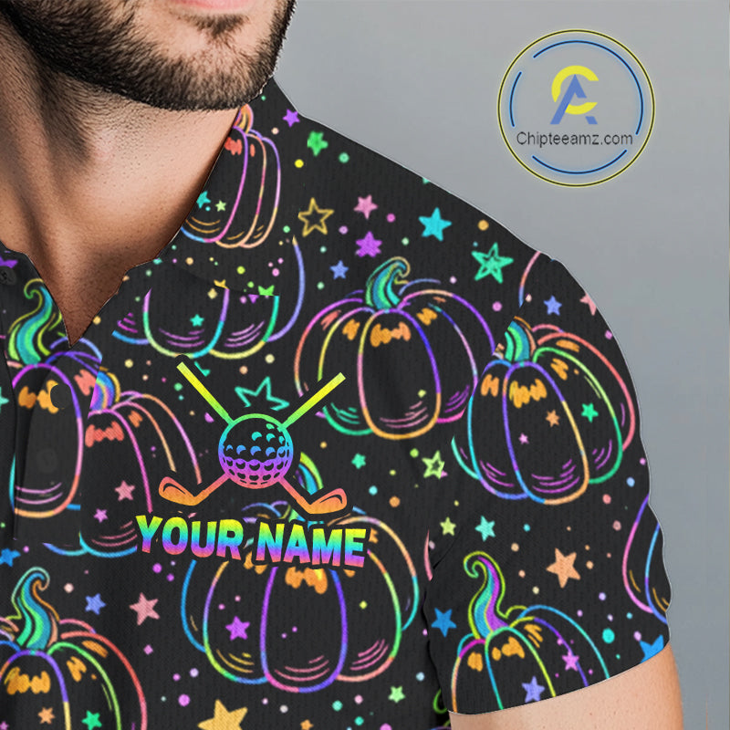 Rainbow Holographic Pumpkin Golf Polo Shirt Custom Halloween Golf Team Attire For Men NYN3962