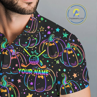 Rainbow Holographic Pumpkin Golf Polo Shirt Custom Halloween Golf Team Attire For Men NYN3962