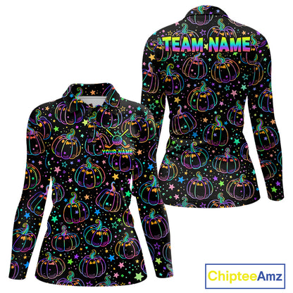 Rainbow Holographic Pumpkin Golf Polo Shirt Custom Halloween Golf Team Attire For Womens NYN3962