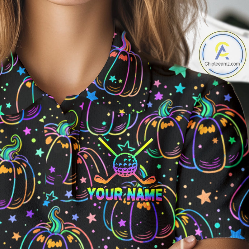 Rainbow Holographic Pumpkin Golf Polo Shirt Custom Halloween Golf Team Attire For Womens NYN3962