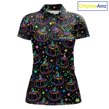 Rainbow Holographic Pumpkin Golf Polo Shirt Custom Halloween Golf Team Attire For Womens NYN3962