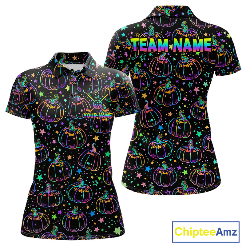 Rainbow Holographic Pumpkin Golf Polo Shirt Custom Halloween Golf Team Attire For Womens NYN3962