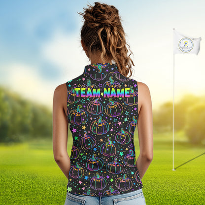 Rainbow Holographic Pumpkin Golf Sleeveless Polo Shirt Custom Halloween Golf Team Attire For Womens NYN3962