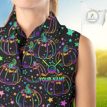 Rainbow Holographic Pumpkin Golf Sleeveless Polo Shirt Custom Halloween Golf Team Attire For Womens NYN3962