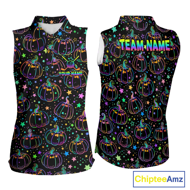 Rainbow Holographic Pumpkin Golf Sleeveless Polo Shirt Custom Halloween Golf Team Attire For Womens NYN3962