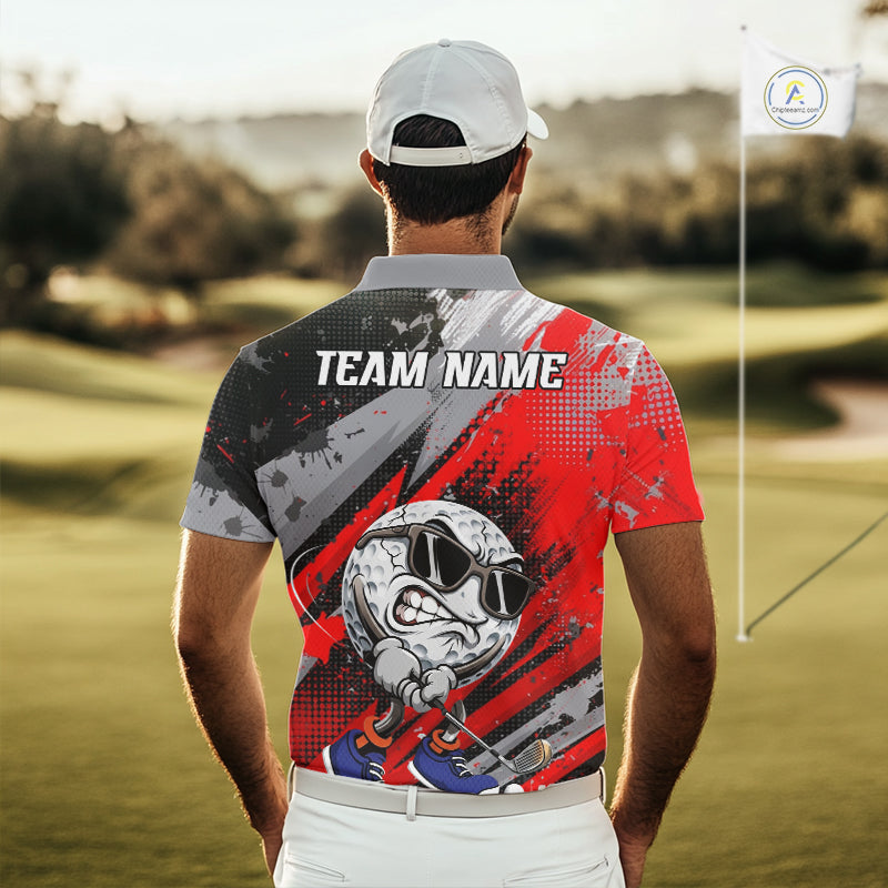 Funny Golfer Mens Golf Polo Shirts Custom Red And Grey Grunge Golf Team Outfits Golf Gifts NYN3963