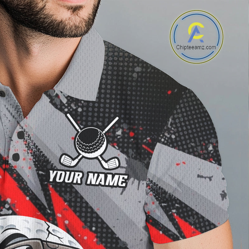 Funny Golfer Mens Golf Polo Shirts Custom Red And Grey Grunge Golf Team Outfits Golf Gifts NYN3963