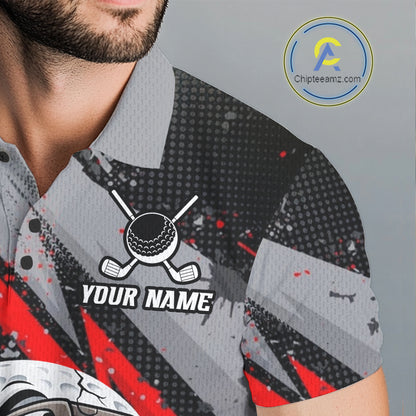 Funny Golfer Mens Golf Polo Shirts Custom Red And Grey Grunge Golf Team Outfits Golf Gifts NYN3963