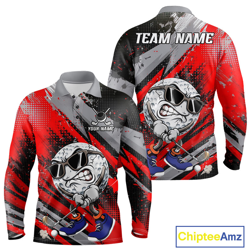 Funny Golfer Mens Golf Polo Shirts Custom Red And Grey Grunge Golf Team Outfits Golf Gifts NYN3963