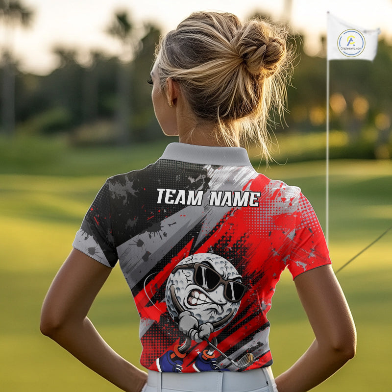Funny Golfer Womens Golf Polo Shirts Custom Red And Grey Grunge Golf Team Outfits Golf Gifts NYN3963