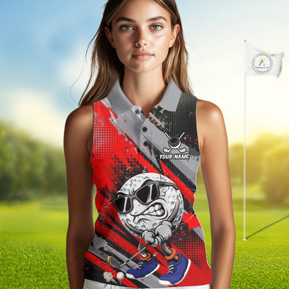 Funny Golfer Womens Golf Sleeveless Polo Shirts Custom Red And Grey Grunge Golf Team Outfits Golf Gifts NYN3963