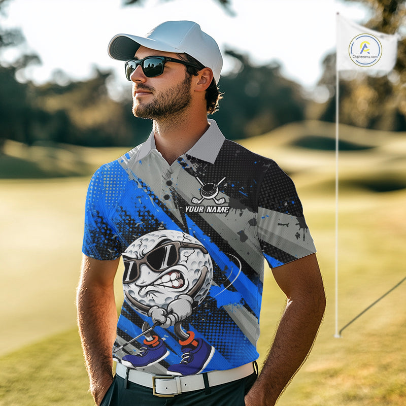 Funny Golfer Mens Golf Polo Shirts Custom Blue And Grey Grunge Golf Team Outfits Golf Gifts NYN3964