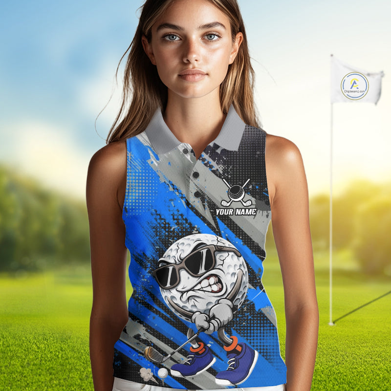 Funny Golfer Womens Golf Sleeveless Polo Shirts Custom Blue And Grey Grunge Golf Team Outfits Golf Gifts NYN3964