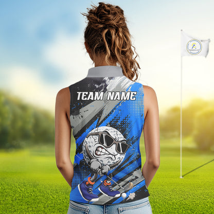 Funny Golfer Womens Golf Sleeveless Polo Shirts Custom Blue And Grey Grunge Golf Team Outfits Golf Gifts NYN3964