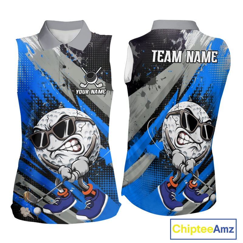 Funny Golfer Womens Golf Sleeveless Polo Shirts Custom Blue And Grey Grunge Golf Team Outfits Golf Gifts NYN3964