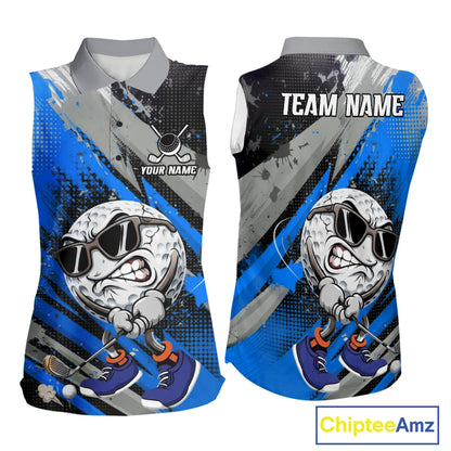 Funny Golfer Womens Golf Sleeveless Polo Shirts Custom Blue And Grey Grunge Golf Team Outfits Golf Gifts NYN3964