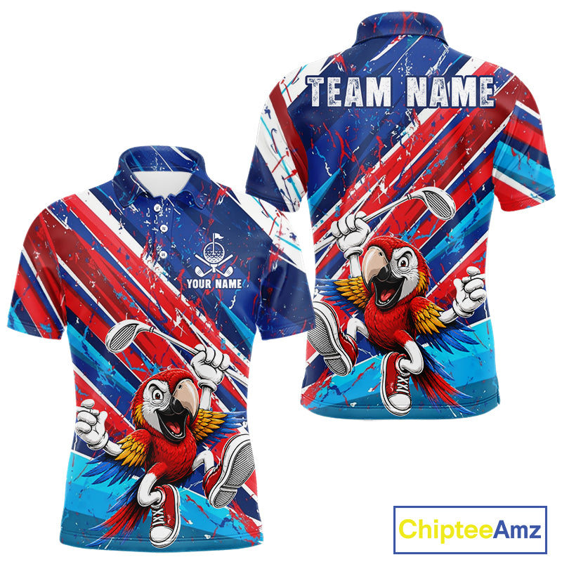 Funny Parrot Golfer Blue & Red Golf Polo Shirts For Men Custom Parrot Golf Team Outfit Golf Gifts NYN3966