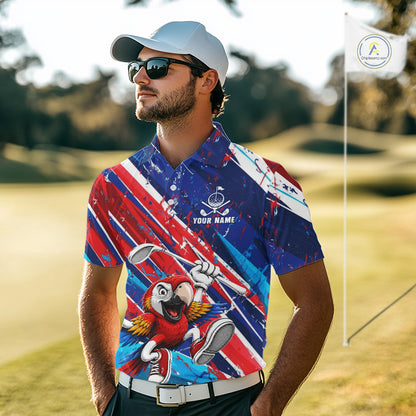 Funny Parrot Golfer Blue & Red Golf Polo Shirts For Men Custom Parrot Golf Team Outfit Golf Gifts NYN3966